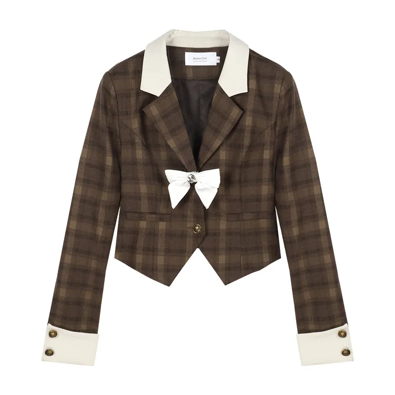 Monet Retro Fall Autumn Brown Plaid Blazer Uniform Top & Mini Pleated Skirt Two Piece Set