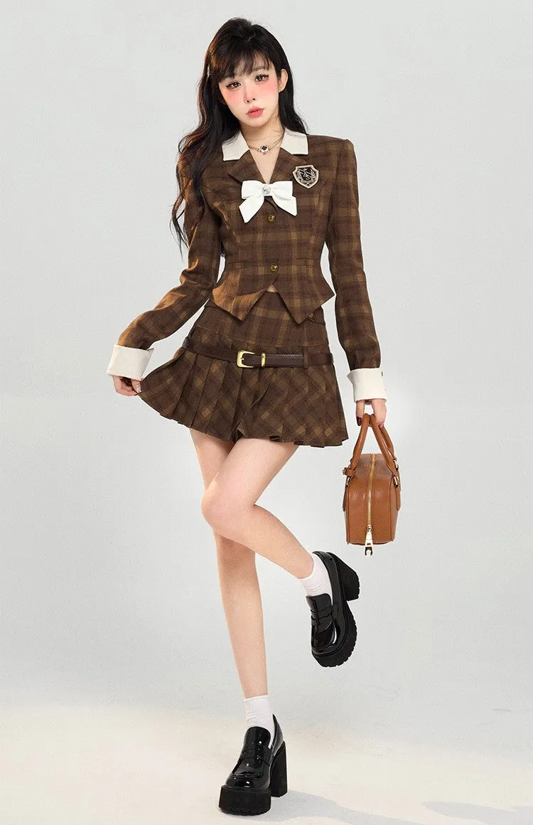 Monet Retro Fall Autumn Brown Plaid Blazer Uniform Top & Mini Pleated Skirt Two Piece Set