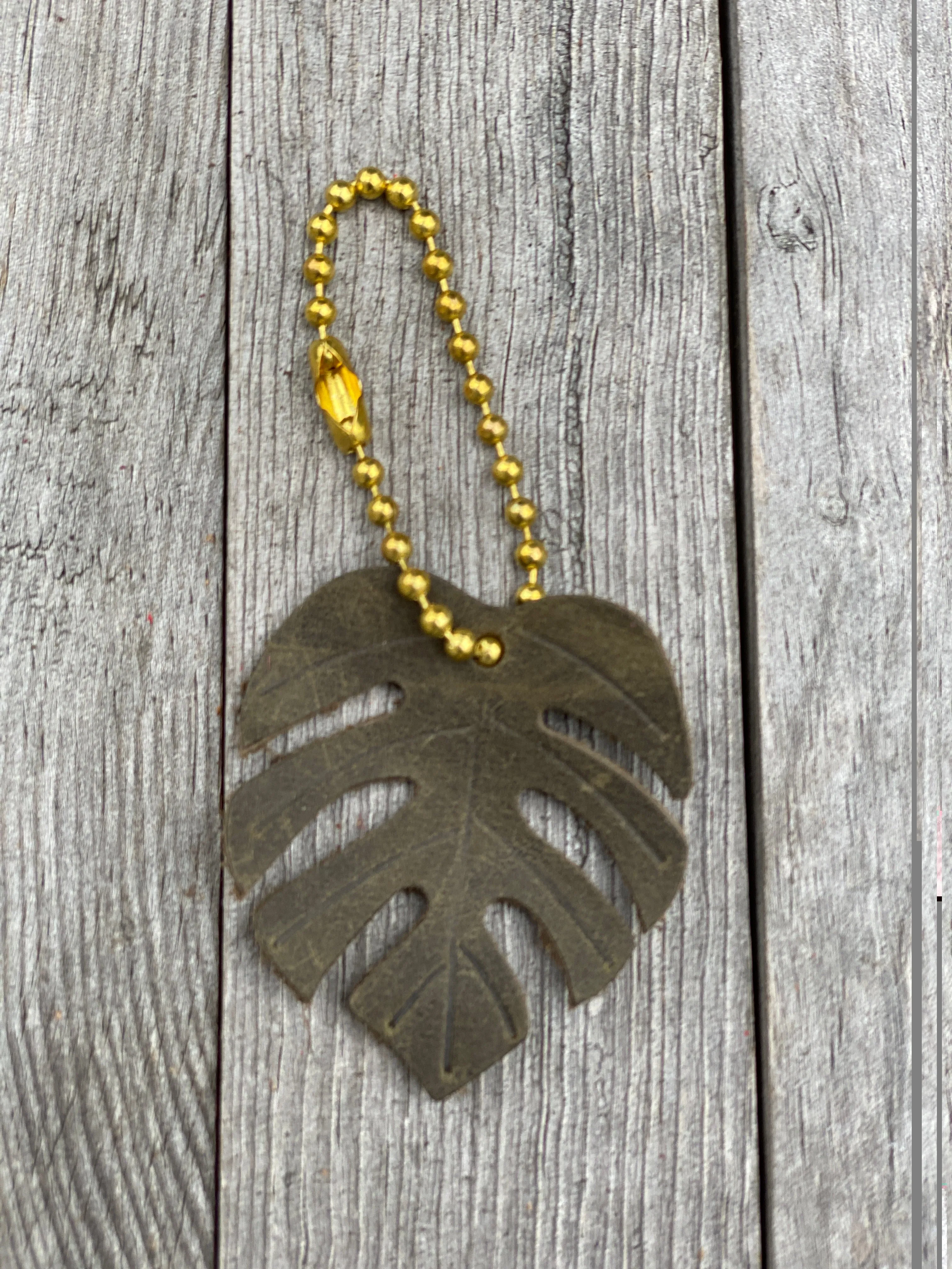 Monstera Leaf Leather Purse Bag Charm, Split Leaf Keyring Accessory, Ball Chain Zipper Pull