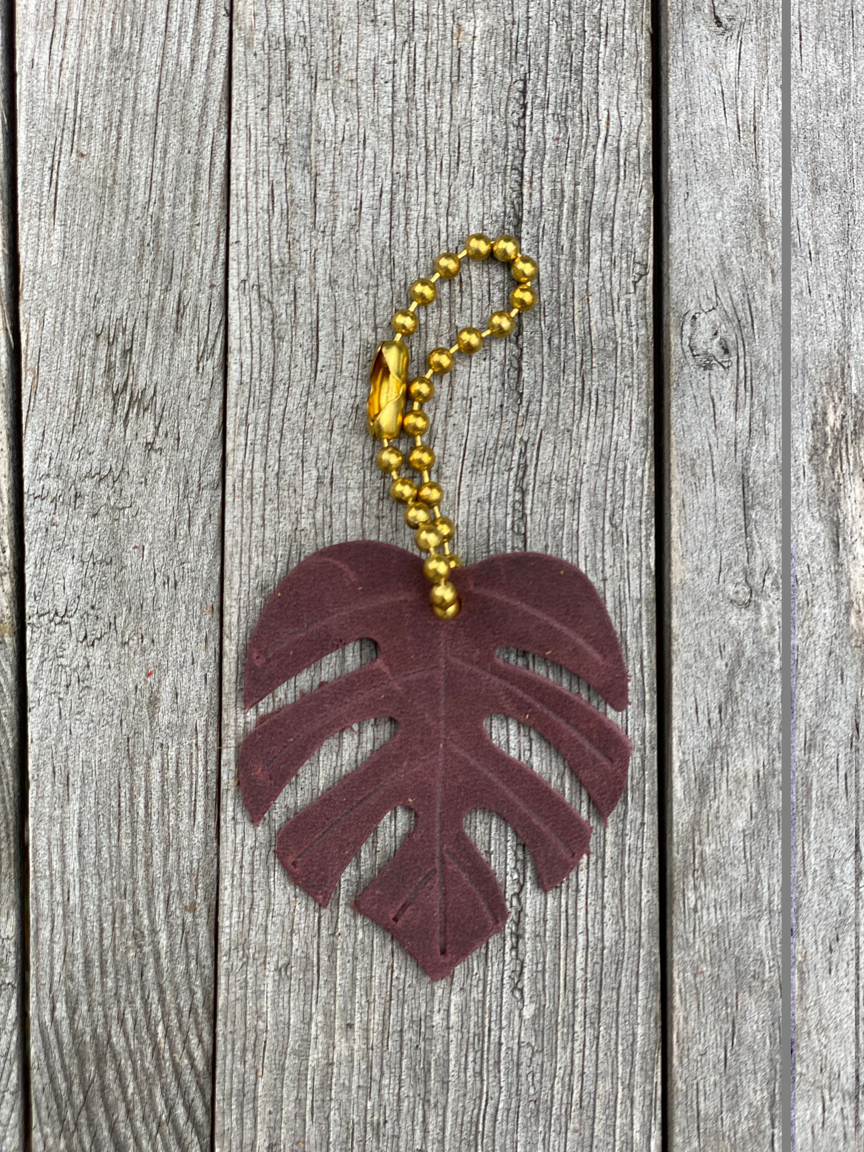 Monstera Leaf Leather Purse Bag Charm, Split Leaf Keyring Accessory, Ball Chain Zipper Pull