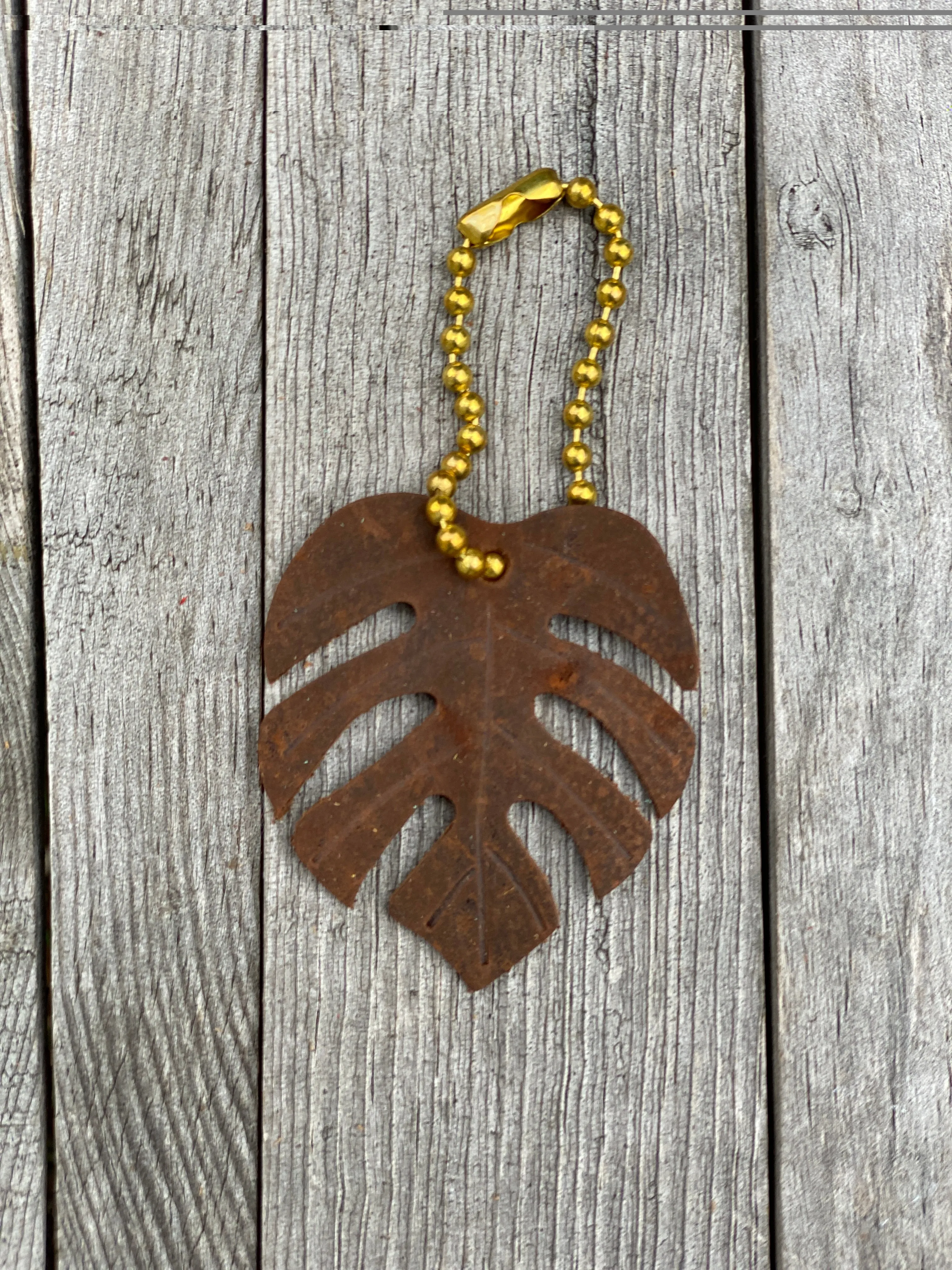 Monstera Leaf Leather Purse Bag Charm, Split Leaf Keyring Accessory, Ball Chain Zipper Pull