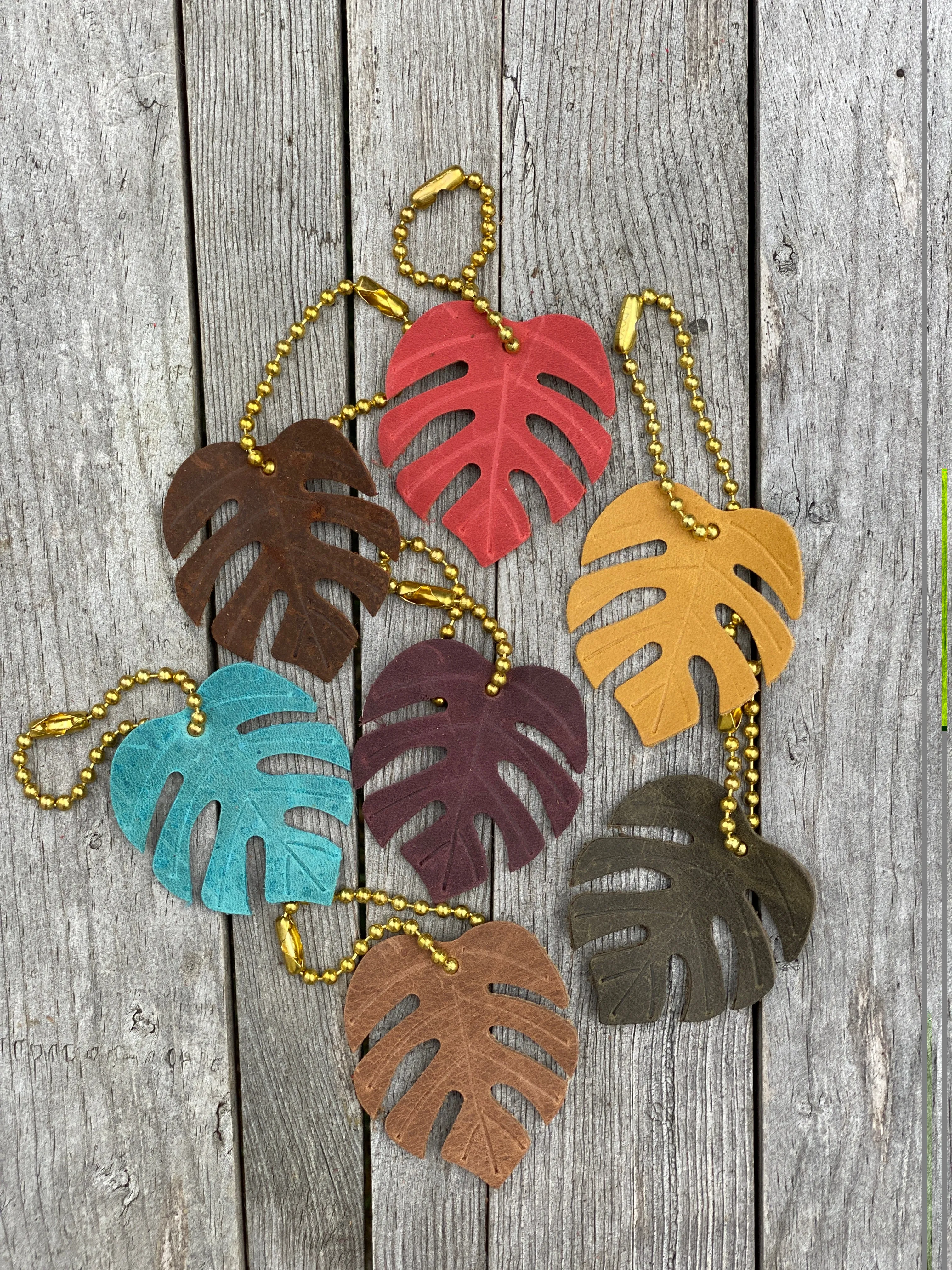 Monstera Leaf Leather Purse Bag Charm, Split Leaf Keyring Accessory, Ball Chain Zipper Pull