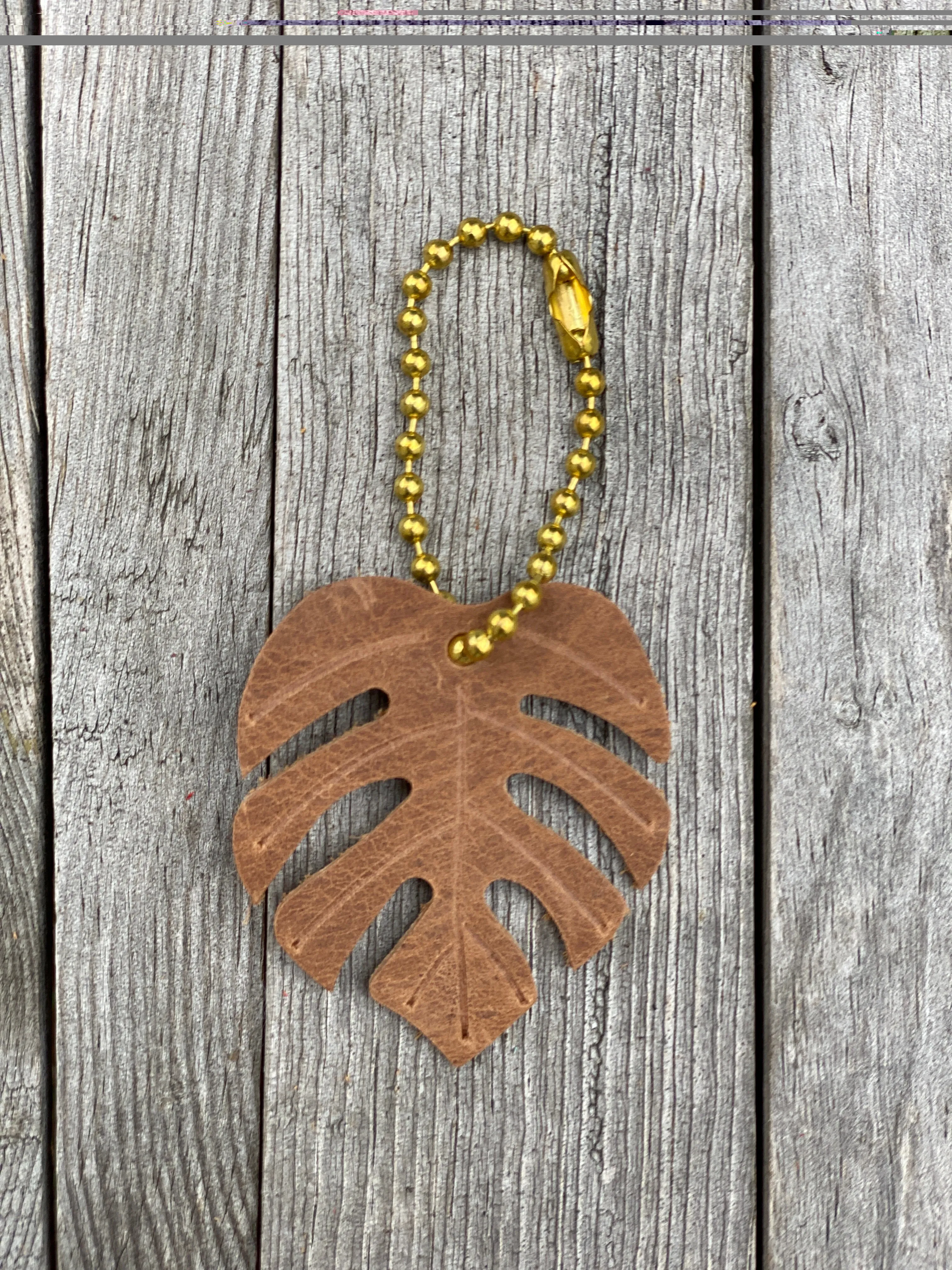 Monstera Leaf Leather Purse Bag Charm, Split Leaf Keyring Accessory, Ball Chain Zipper Pull