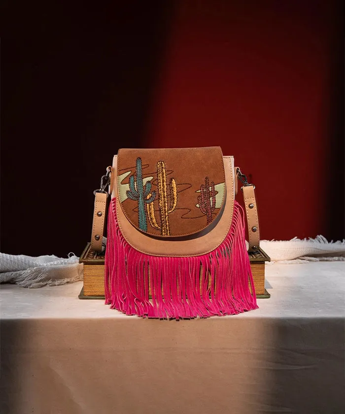 Montana West Cactus Embroidered Fringe Crossbody Bag