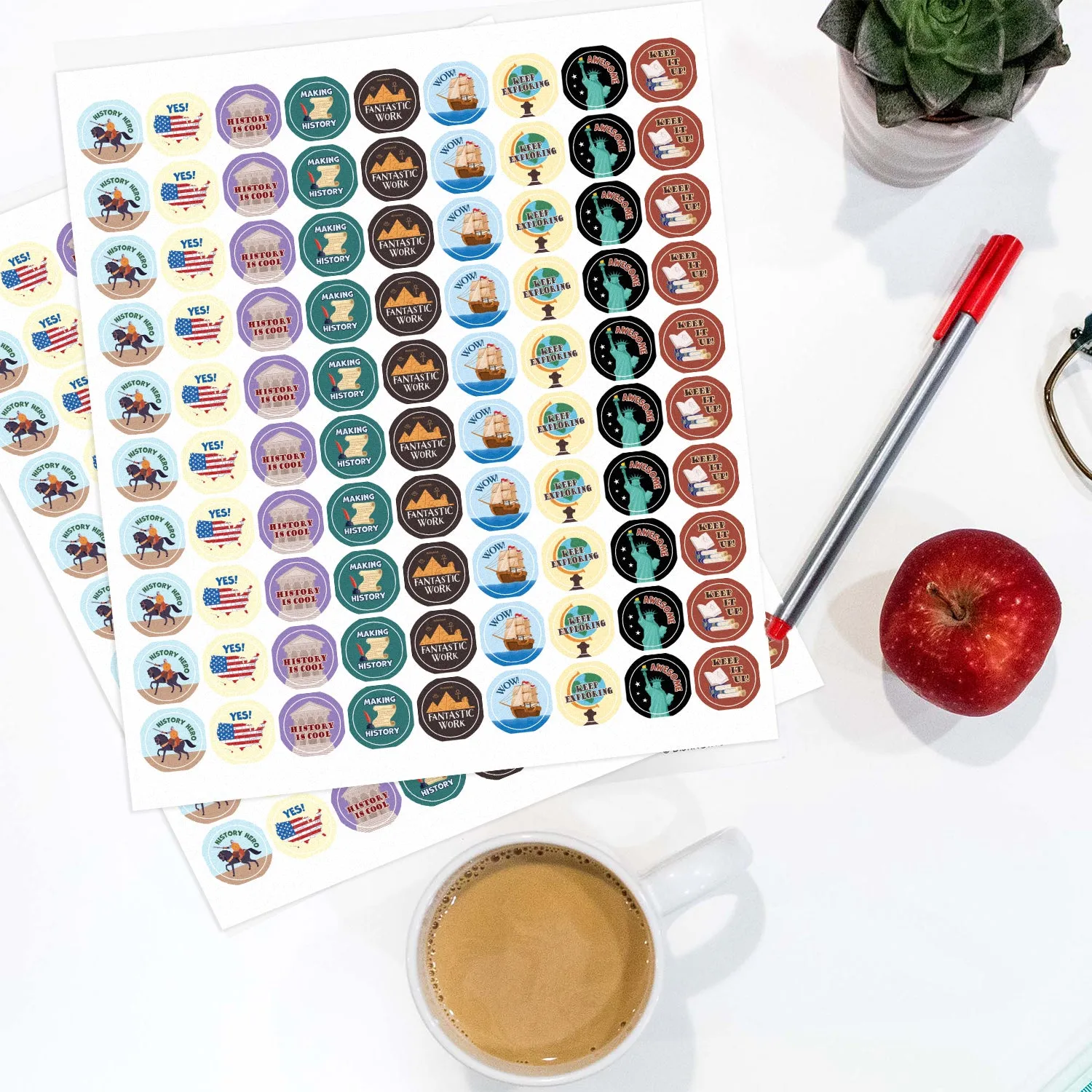 Motivational Teacher Reward Stickers for Students: History (1,080 Stickers)