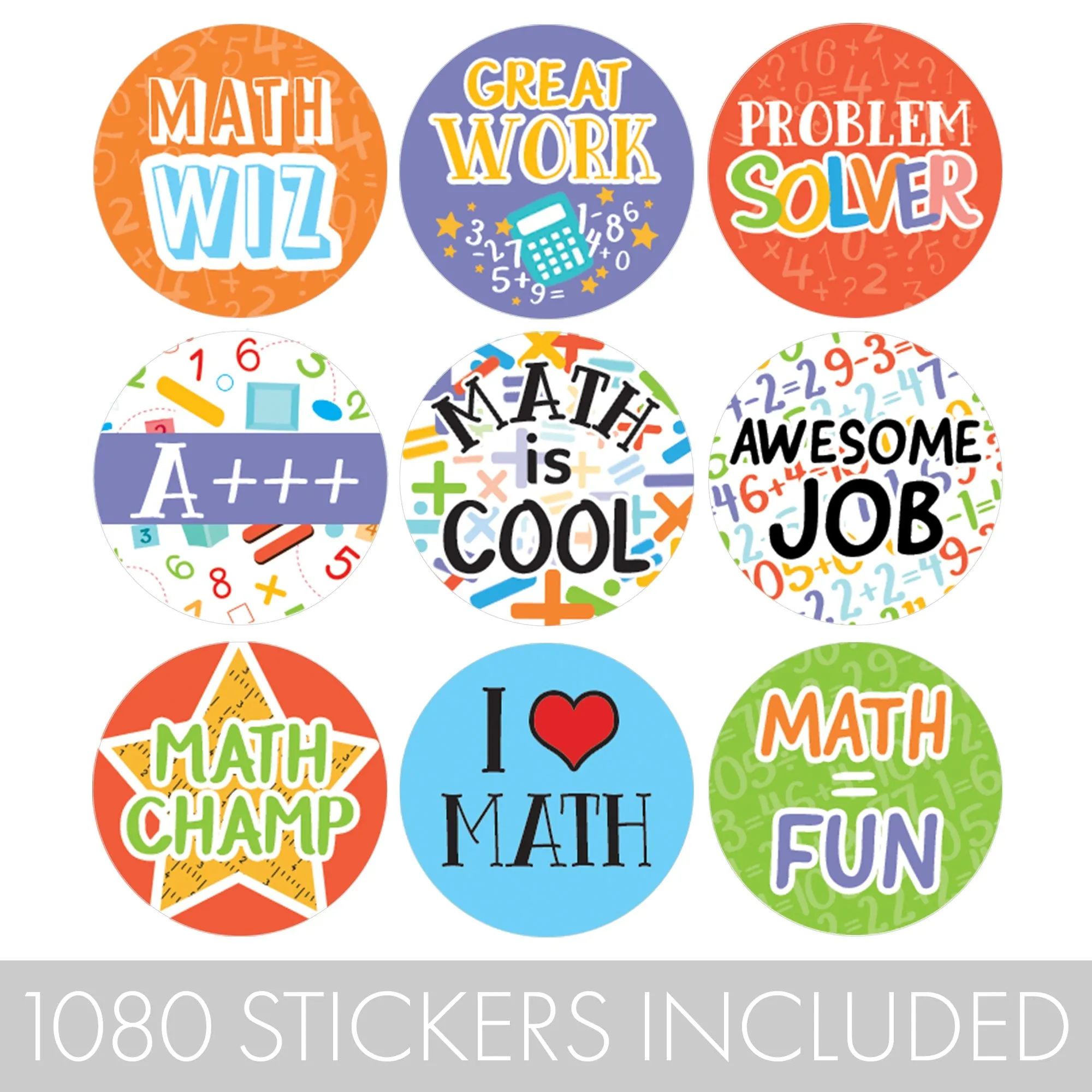 Motivational Teacher Reward Stickers for Students: Math is Fun (1,080 Stickers)