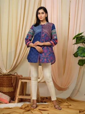 Multi colored multi print short top with mandarin collar