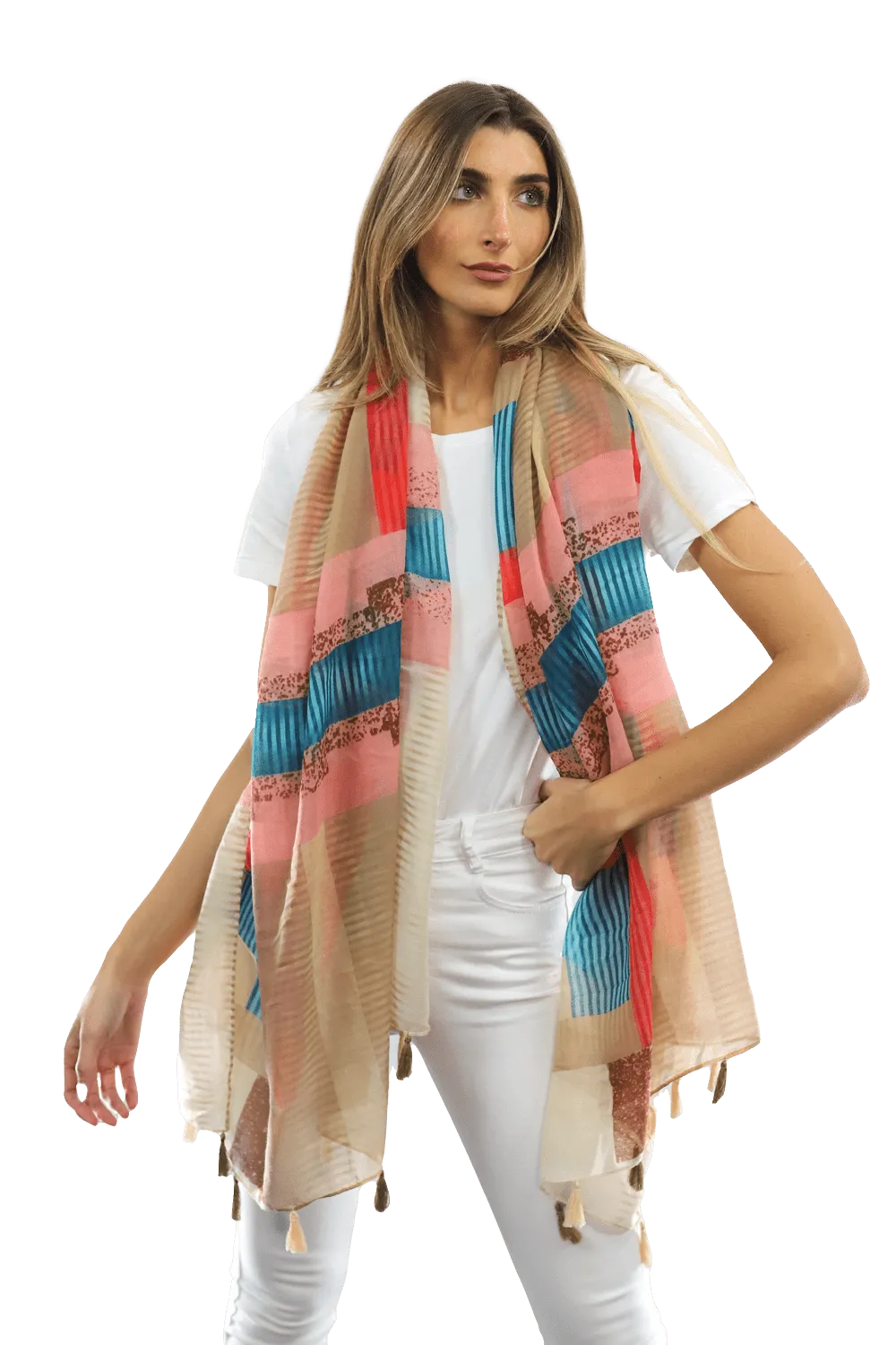 Multi-colored pattern woven scarf-Beige