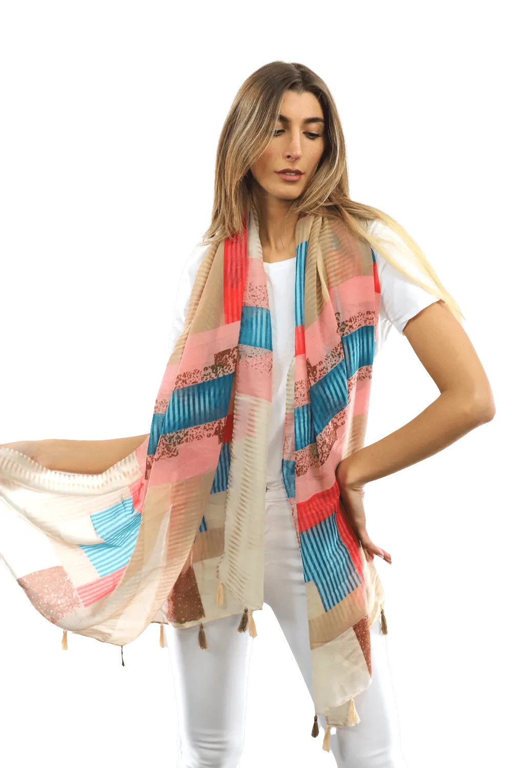 Multi-colored pattern woven scarf-Beige