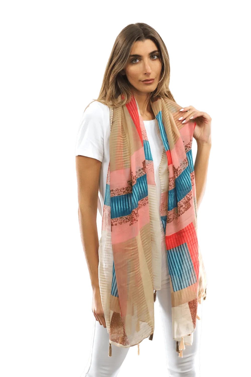 Multi-colored pattern woven scarf-Beige