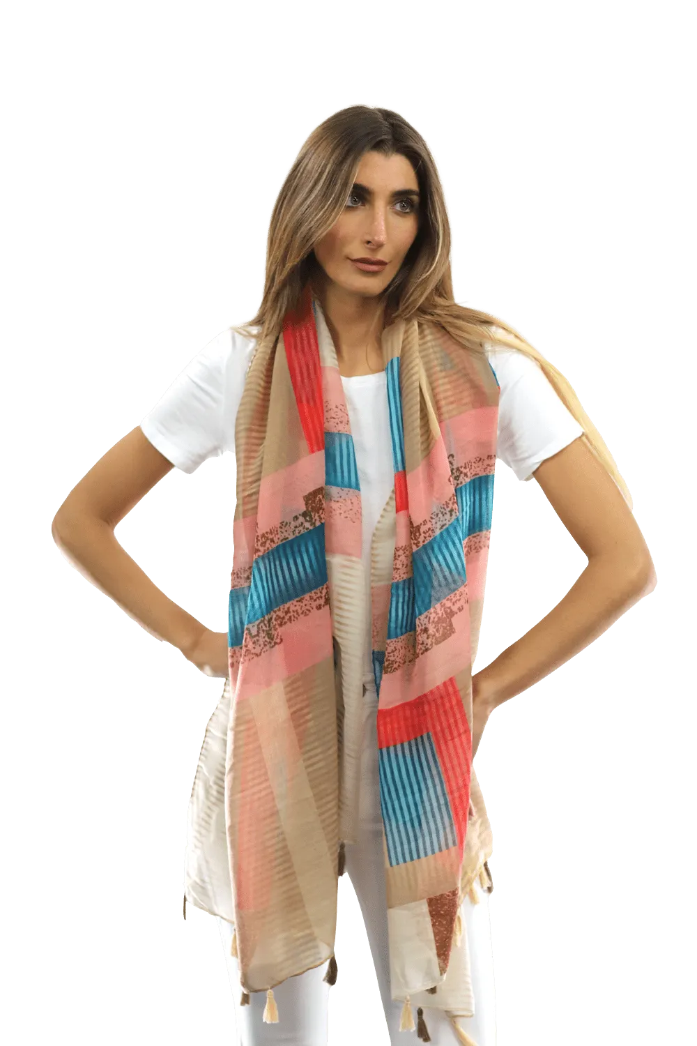 Multi-colored pattern woven scarf-Beige