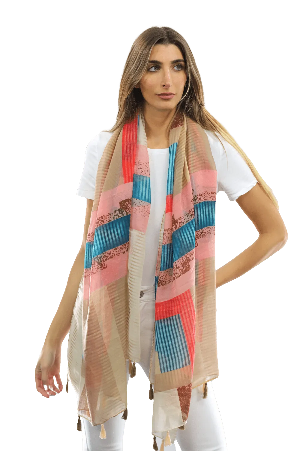 Multi-colored pattern woven scarf-Beige