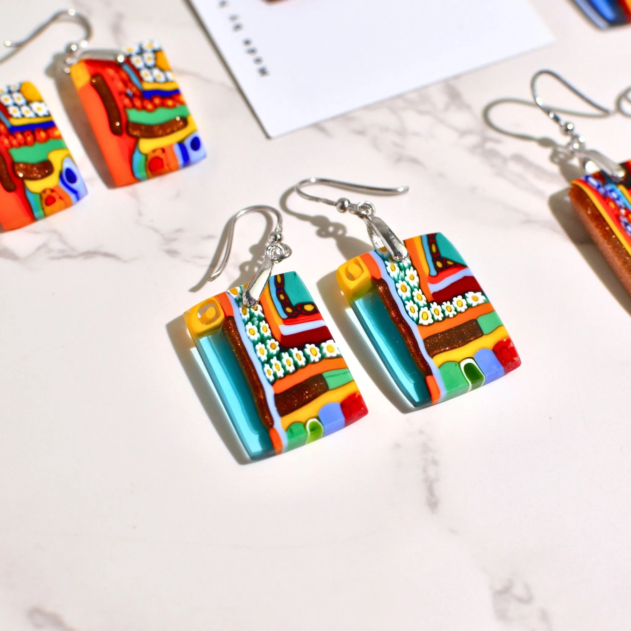 Murano Glass Dangle Earrings, Rectangle, Multi, Made in Italy