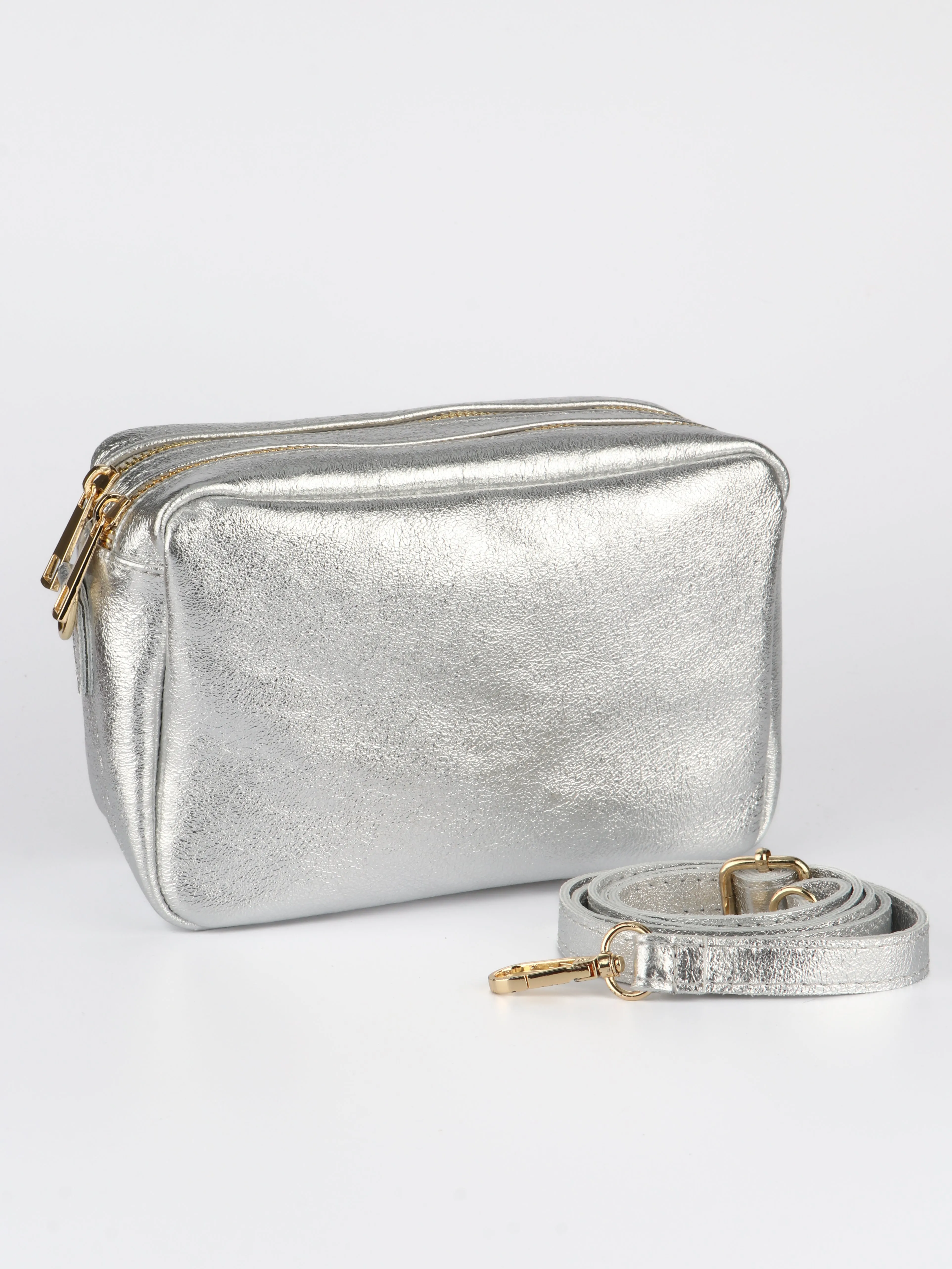 Naomi - Italian Leather Crossbody Bag - Silver, Metallic