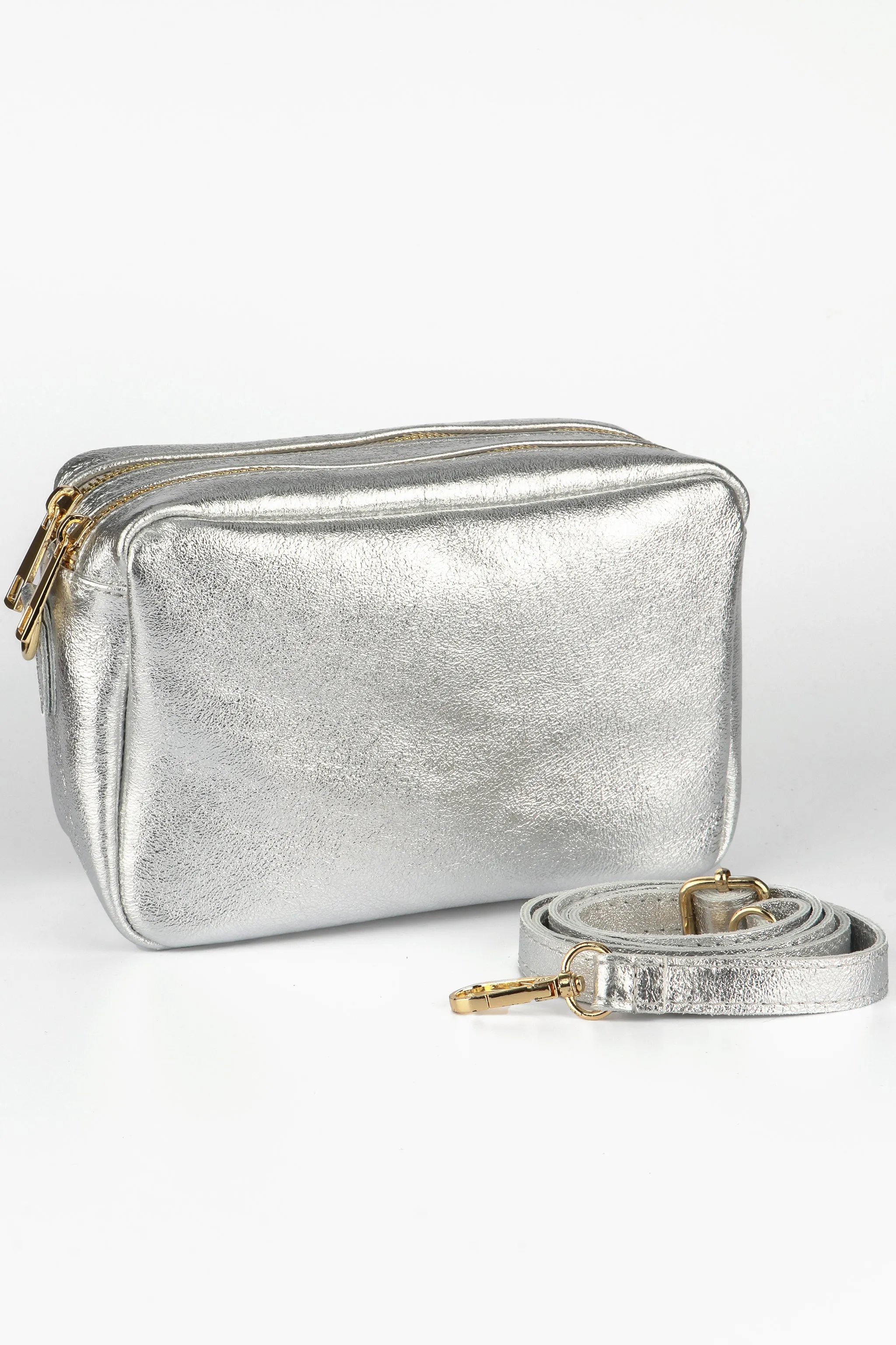 Naomi - Italian Leather Crossbody Bag - Silver, Metallic