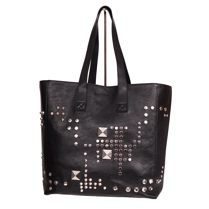 NEW $1,820 ALEXANDER MCQUEEN Rugged Black Leather ROCK OVERSIZE STUDDED TOTE BAG