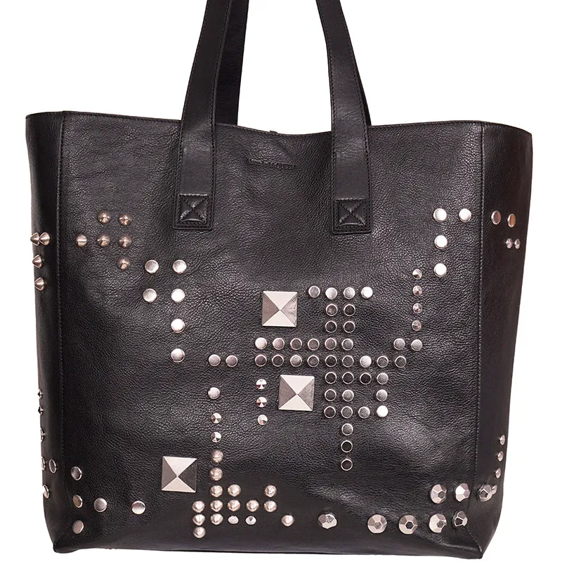 NEW $1,820 ALEXANDER MCQUEEN Rugged Black Leather ROCK OVERSIZE STUDDED TOTE BAG