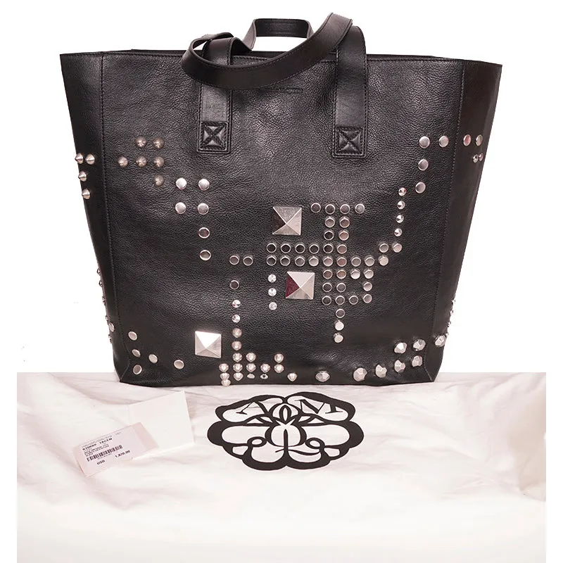 NEW $1,820 ALEXANDER MCQUEEN Rugged Black Leather ROCK OVERSIZE STUDDED TOTE BAG