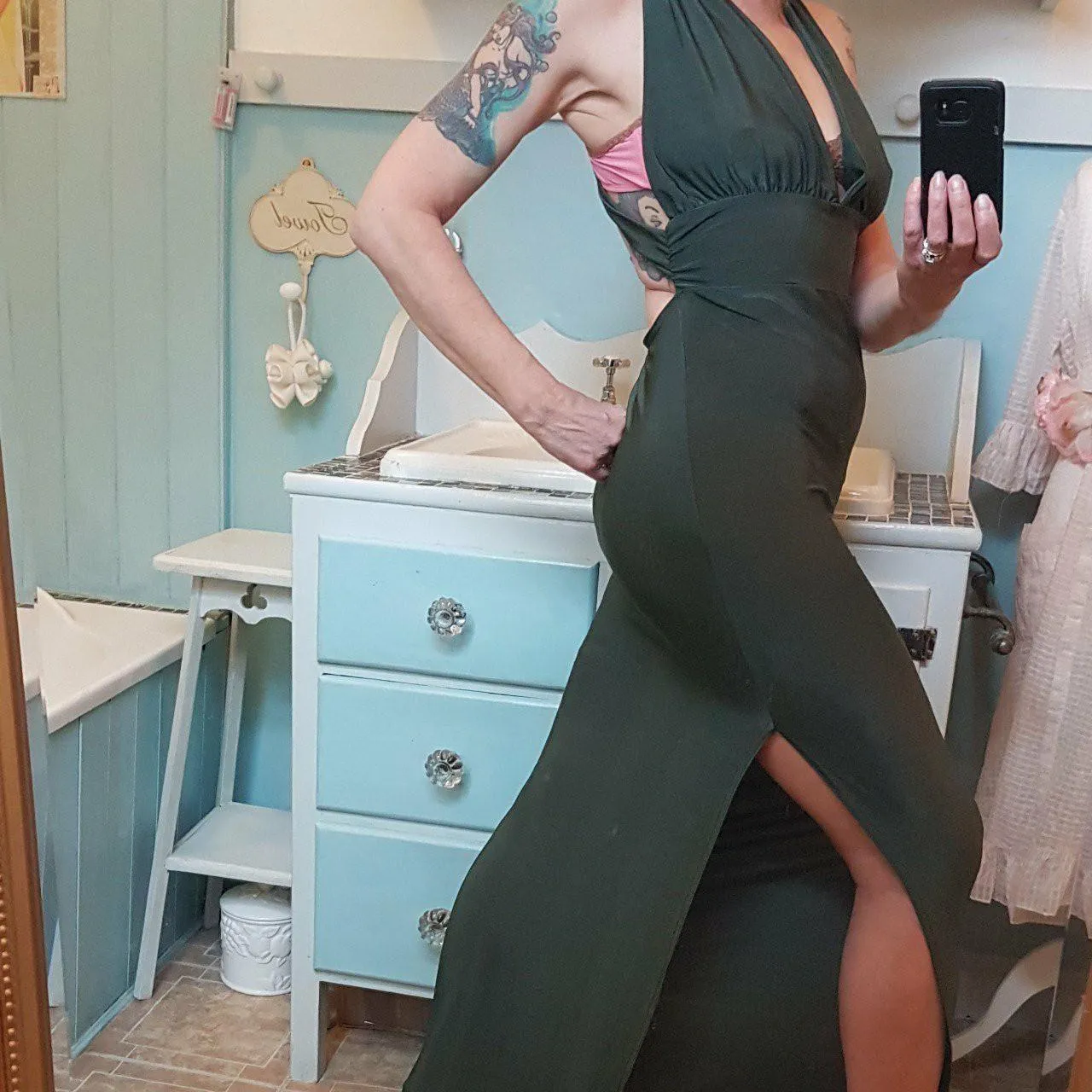 Olive green sexy maxi dress backless plunge neckline evening dress