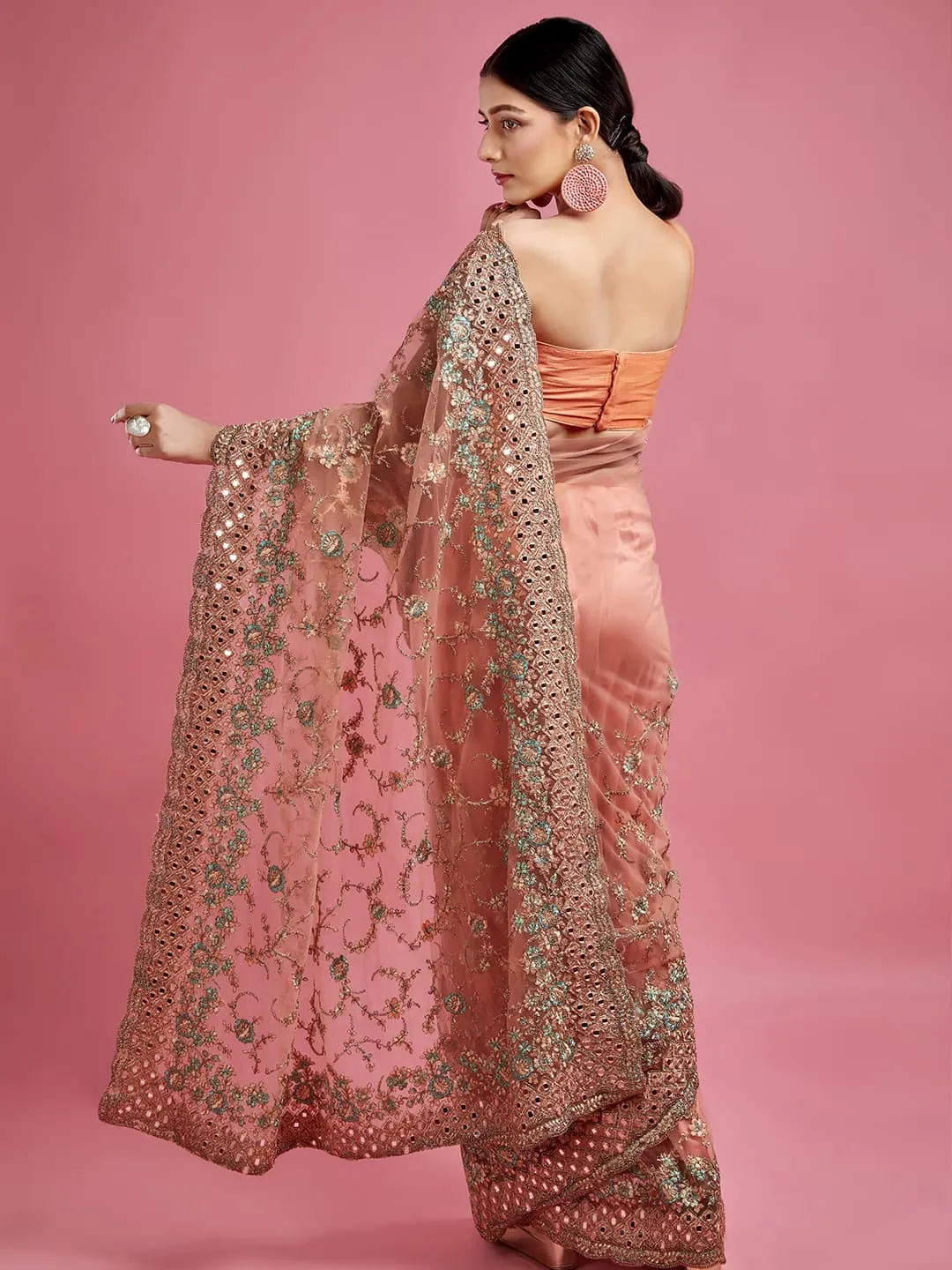 Peach Heavy Net Work Saree With Stunning Detailing