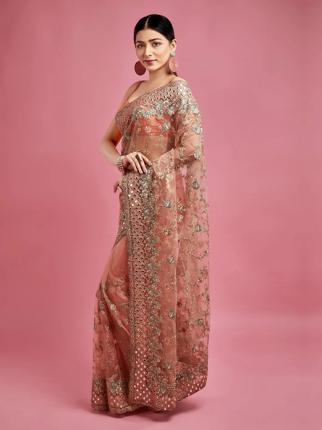 Peach Heavy Net Work Saree With Stunning Detailing