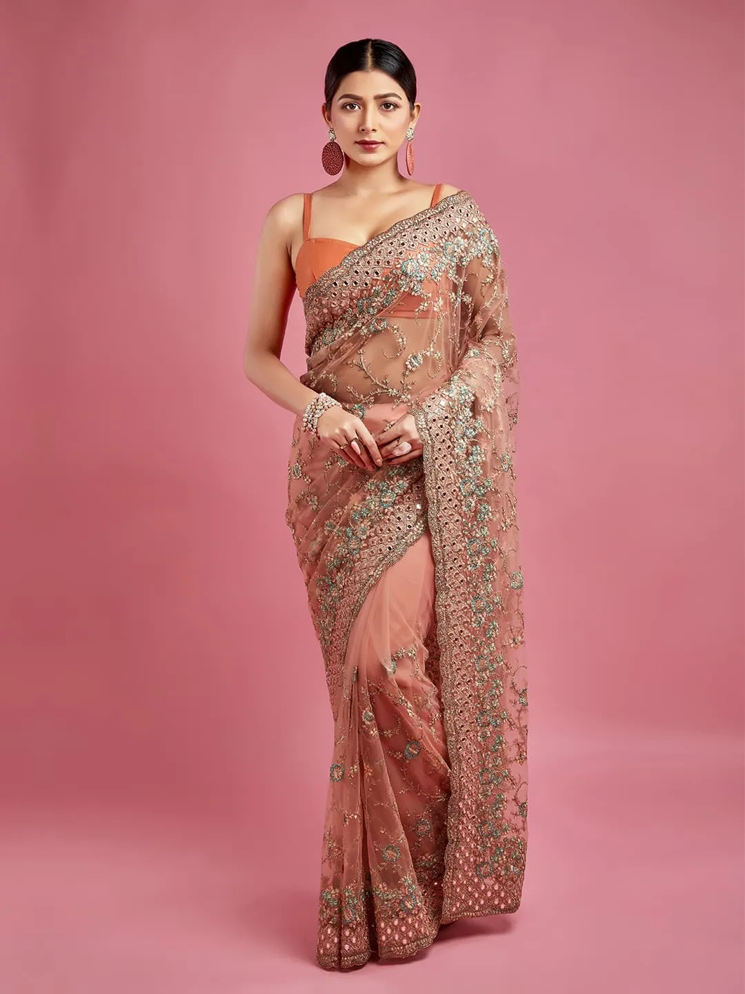 Peach Heavy Net Work Saree With Stunning Detailing