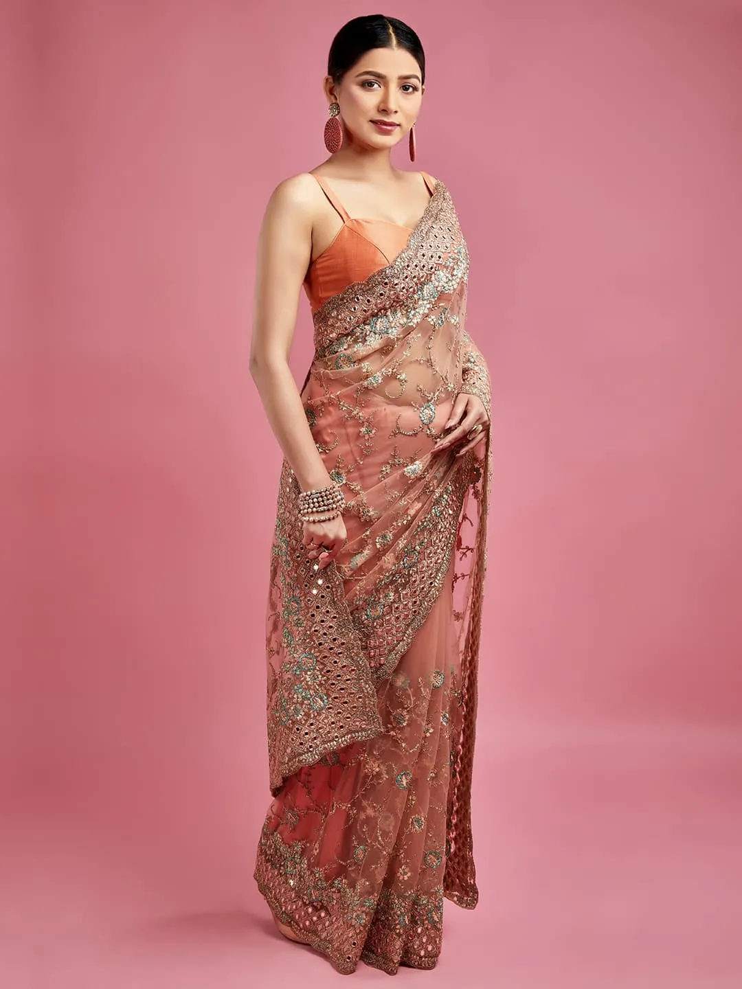 Peach Heavy Net Work Saree With Stunning Detailing