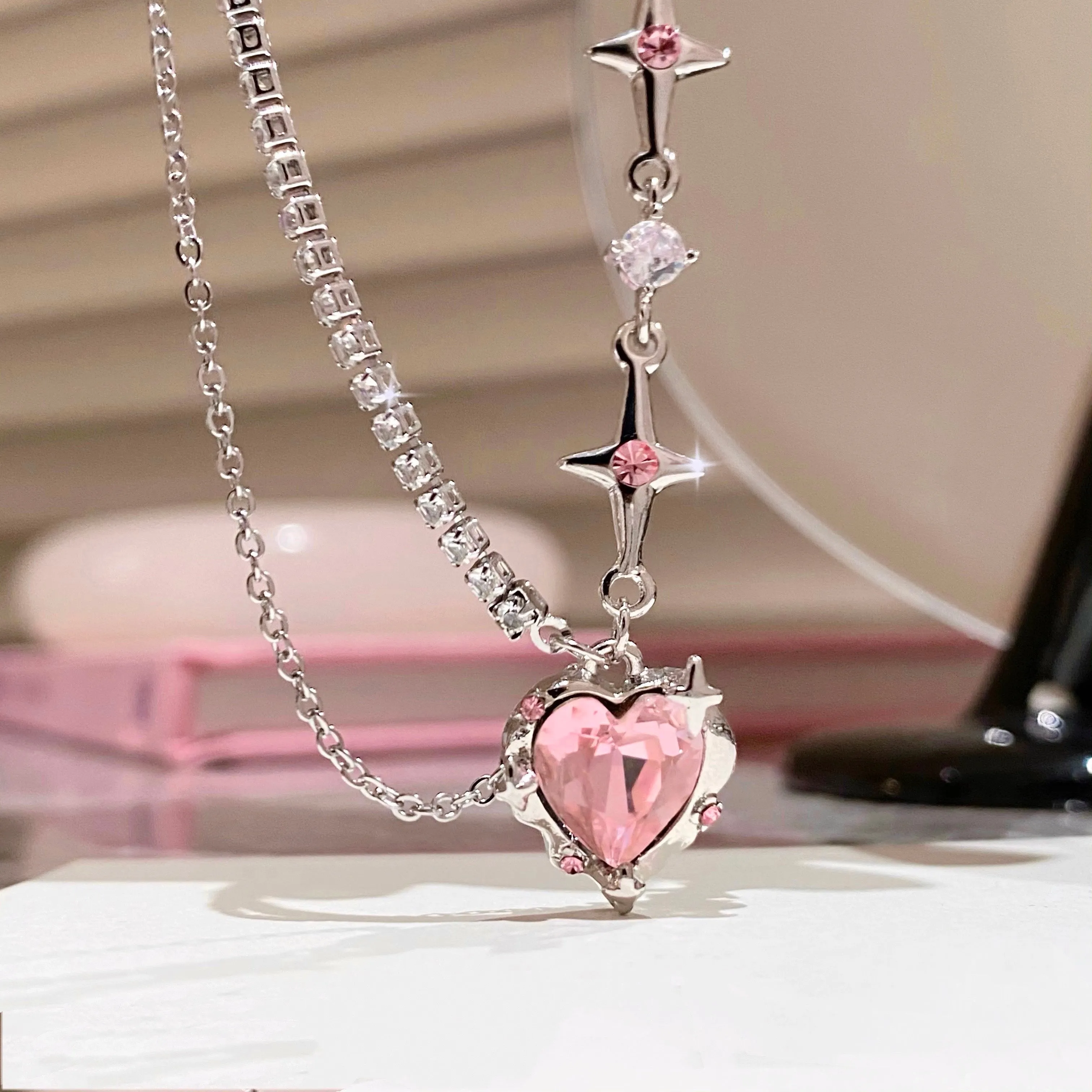 Pink Diamond Love Star Chain Silver Plated Necklace