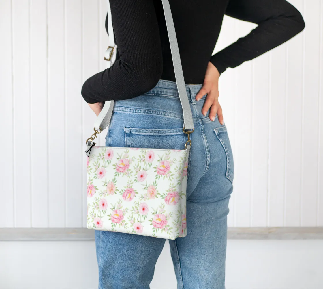 Pink Flowers Vegan Leather Crossbody Purse Women, Floral Roses White Small Handbag Shoulder Bag Ladies Zip Strap Designer Cross Body