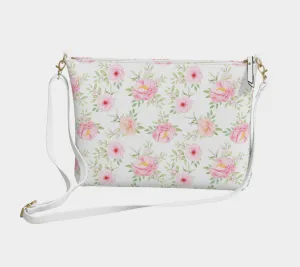 Pink Flowers Vegan Leather Crossbody Purse Women, Floral Roses White Small Handbag Shoulder Bag Ladies Zip Strap Designer Cross Body