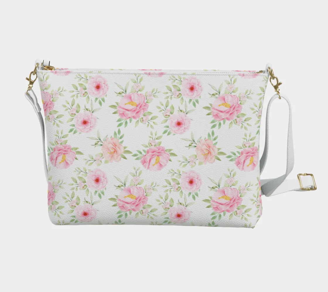 Pink Flowers Vegan Leather Crossbody Purse Women, Floral Roses White Small Handbag Shoulder Bag Ladies Zip Strap Designer Cross Body