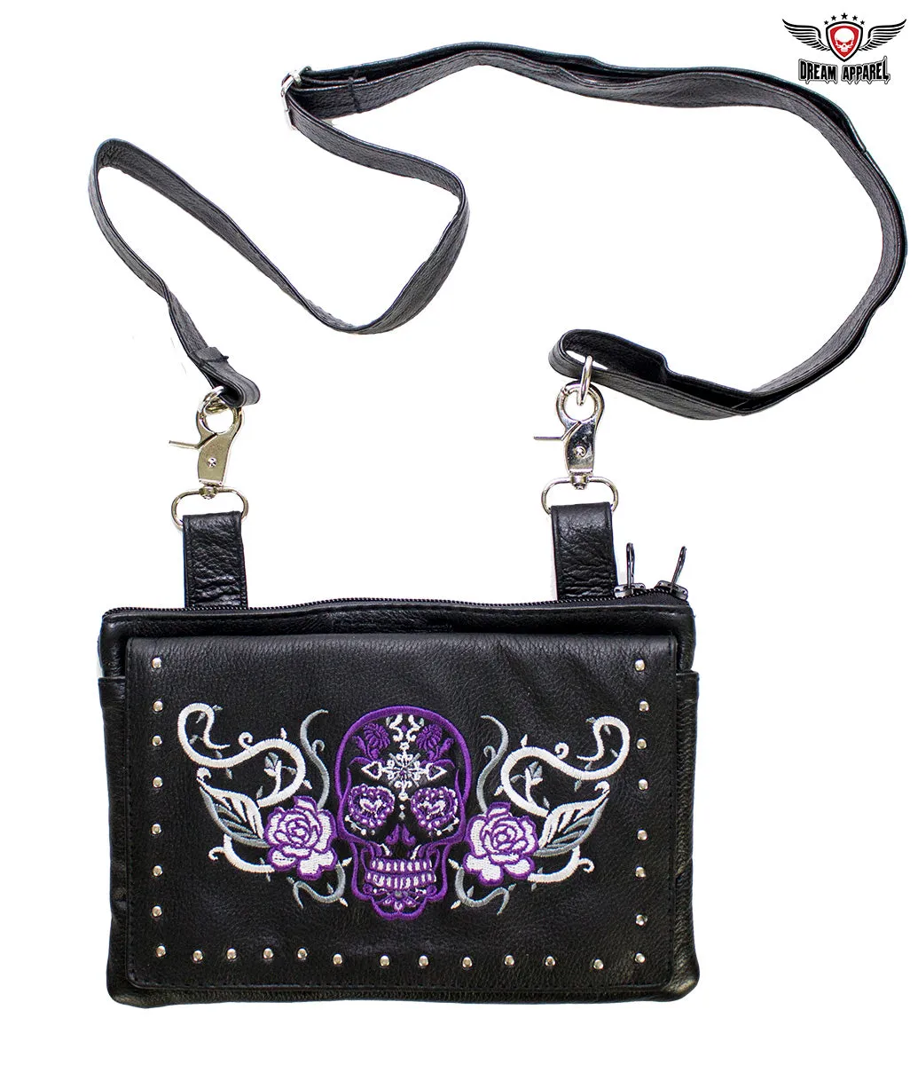 Purple & White Sugar Skull Naked Cowhide Leather Gun Holster Belt Bag with Studs