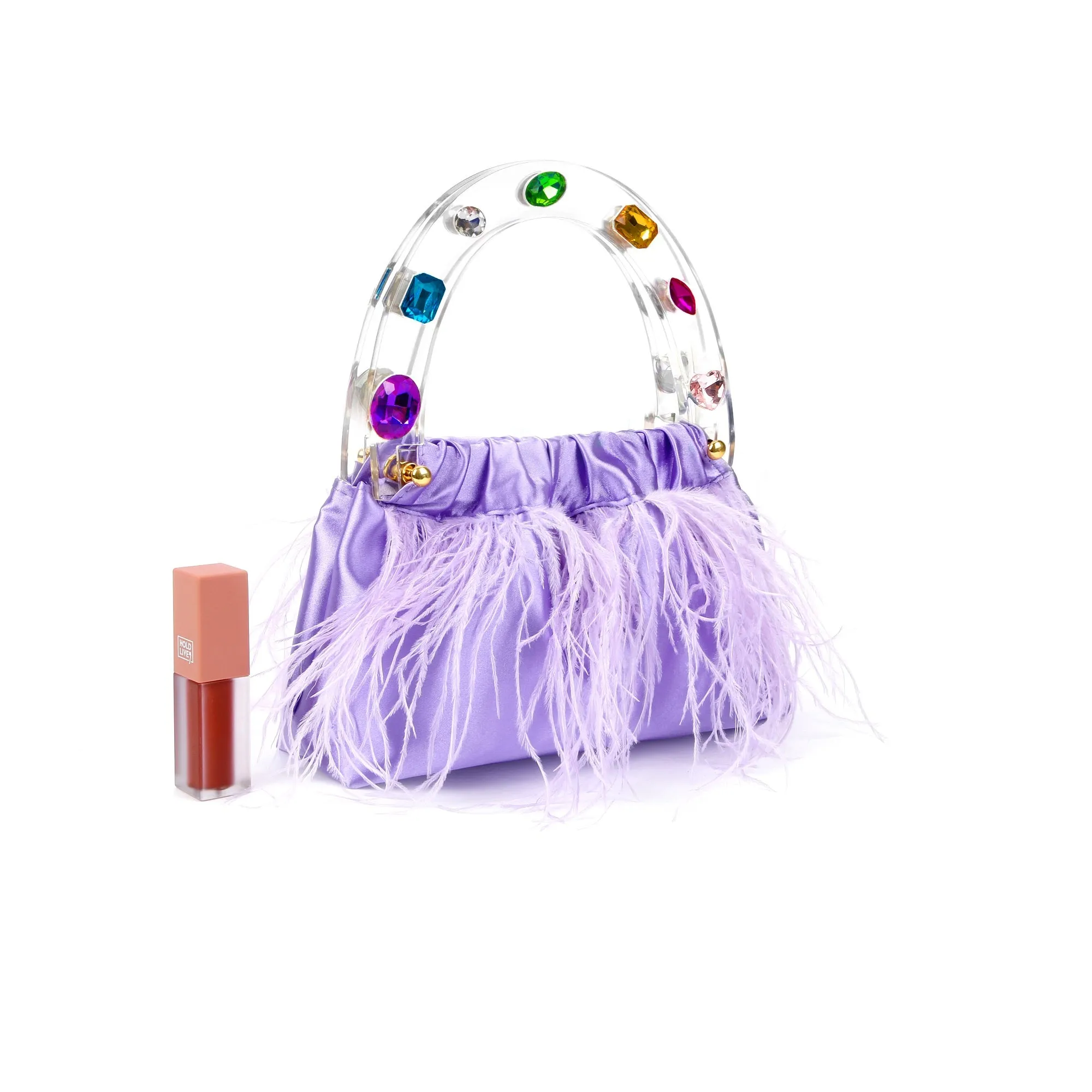 Regal Purple Diamond-Adorned Feather Acrylic Top Handle Bag