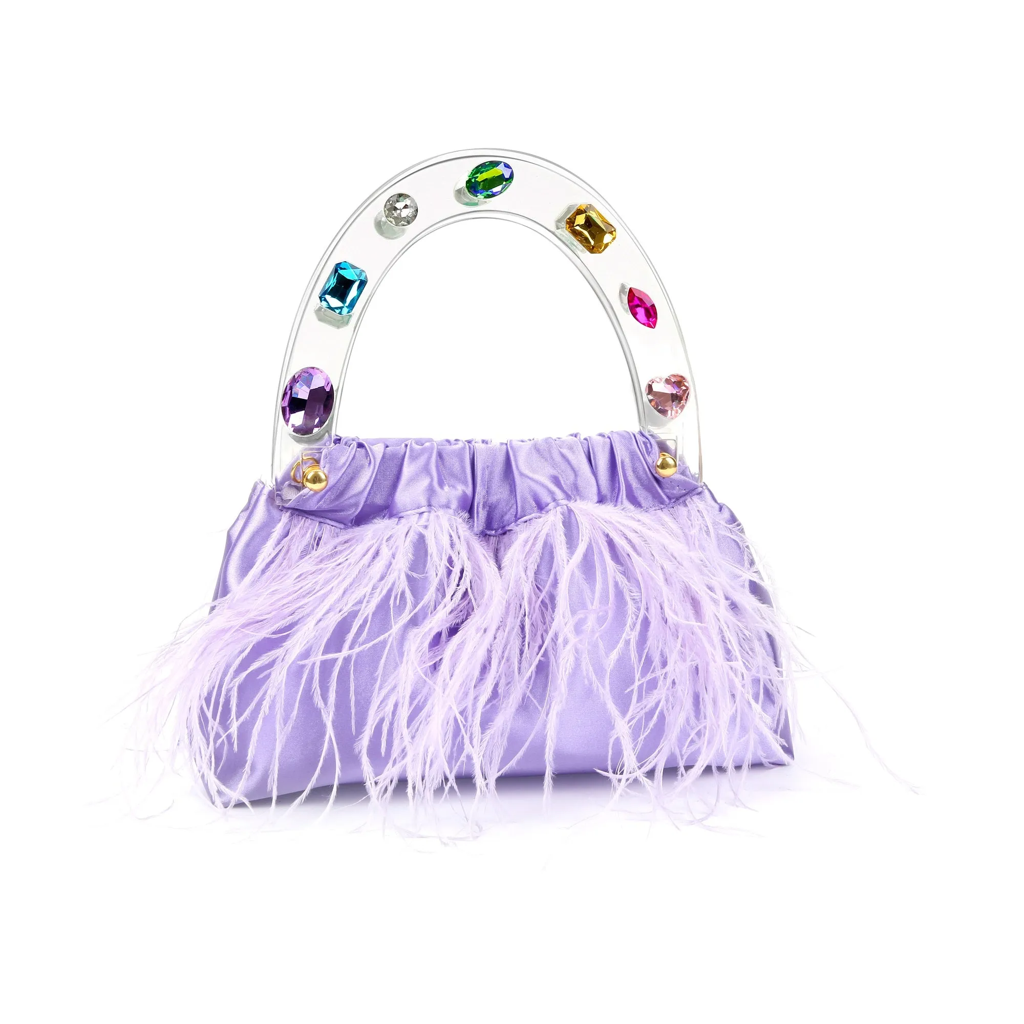 Regal Purple Diamond-Adorned Feather Acrylic Top Handle Bag