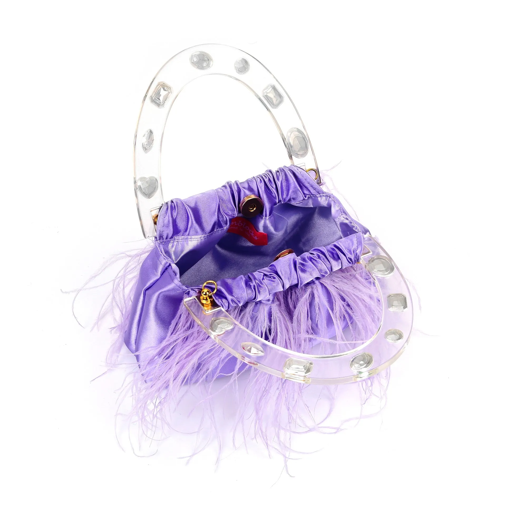 Regal Purple Diamond-Adorned Feather Acrylic Top Handle Bag