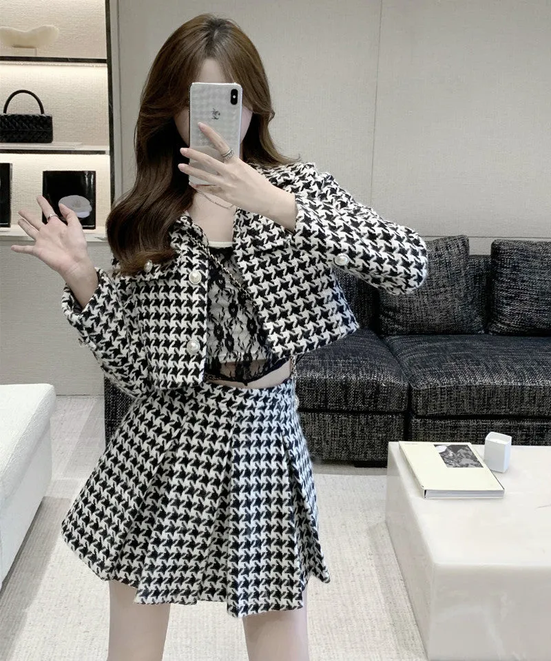 Retro Tweed Black & White Jacket & Skirt Two Piece Set