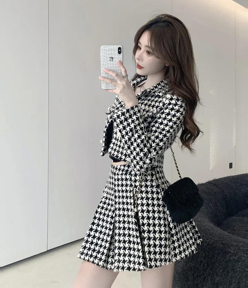 Retro Tweed Black & White Jacket & Skirt Two Piece Set