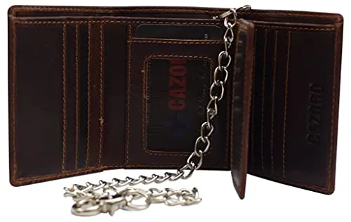 RFID Blocking Men's Classic Biker Chain Trifold Crazy Horse Leather Wallet