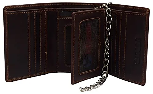 RFID Blocking Men's Classic Biker Chain Trifold Crazy Horse Leather Wallet