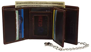 RFID Blocking Men's Classic Biker Chain Trifold Crazy Horse Leather Wallet