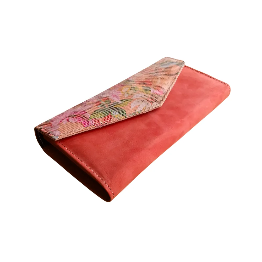 Rose Leather Clutch Bag with Flower Printed Flap