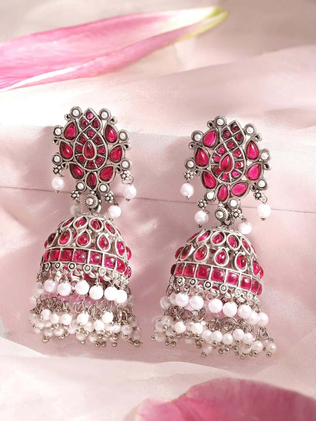 Rubans Oxidized Elegance Pink Stone Jhumka Earrings