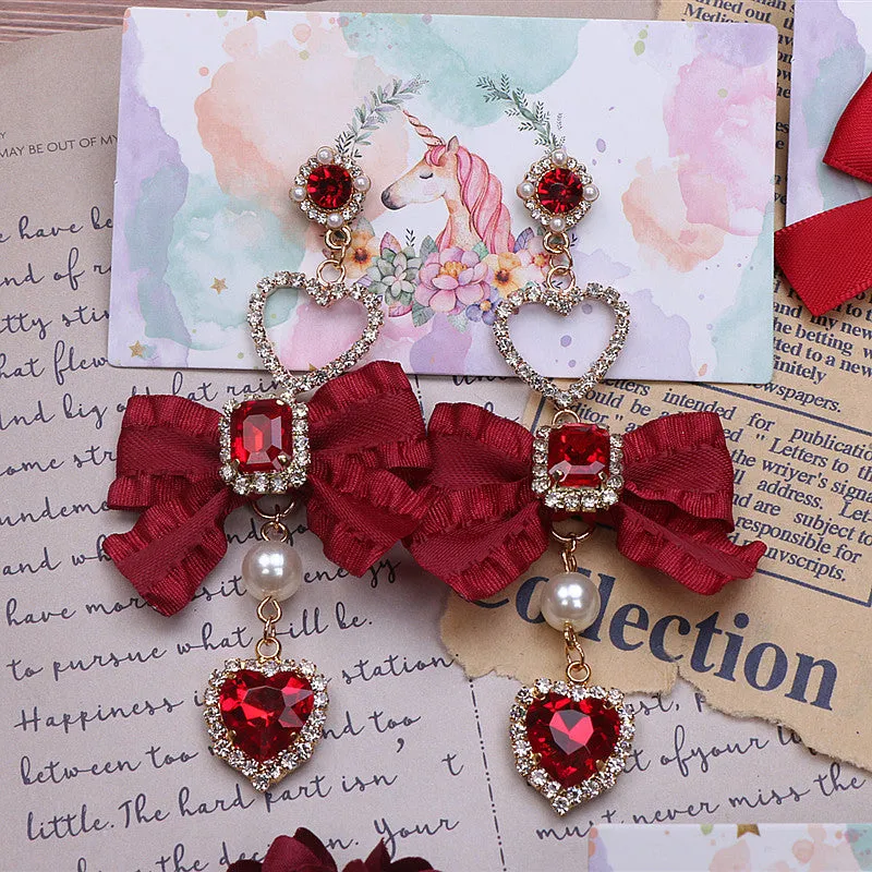 Ruby Gem Pearl Jewelry Diamond Classic Burgundy Scarlet Red Bow Earrings