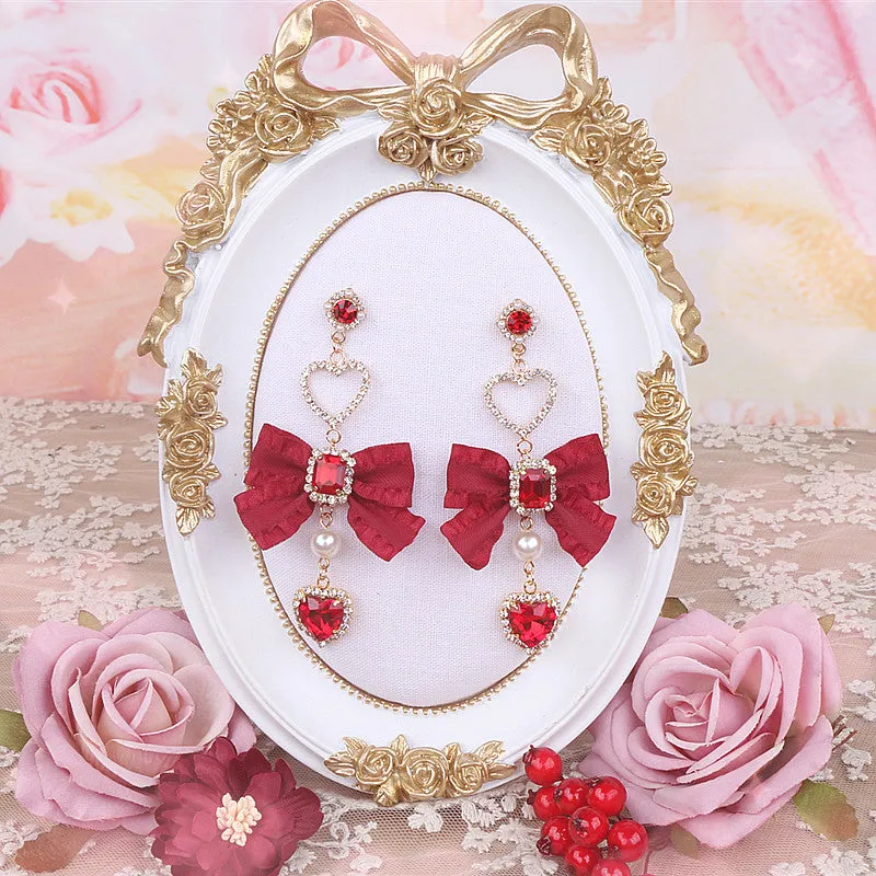 Ruby Gem Pearl Jewelry Diamond Classic Burgundy Scarlet Red Bow Earrings