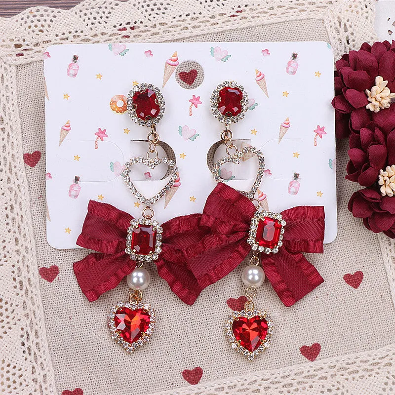 Ruby Gem Pearl Jewelry Diamond Classic Burgundy Scarlet Red Bow Earrings