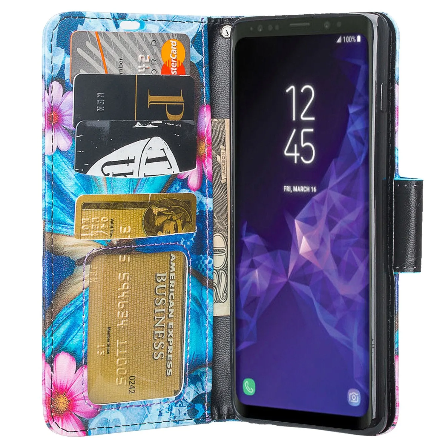 Samsung Galaxy S10 Case, Galaxy S10 Wallet Case, Wrist Strap Pu Leather Wallet Case [Kickstand] with ID & Credit Card Slots - Blue Butterfly