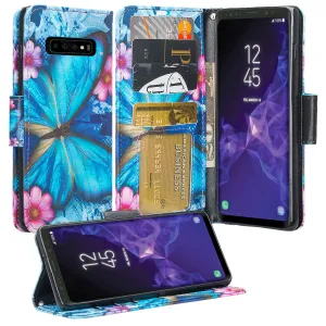 Samsung Galaxy S10 Case, Galaxy S10 Wallet Case, Wrist Strap Pu Leather Wallet Case [Kickstand] with ID & Credit Card Slots - Blue Butterfly