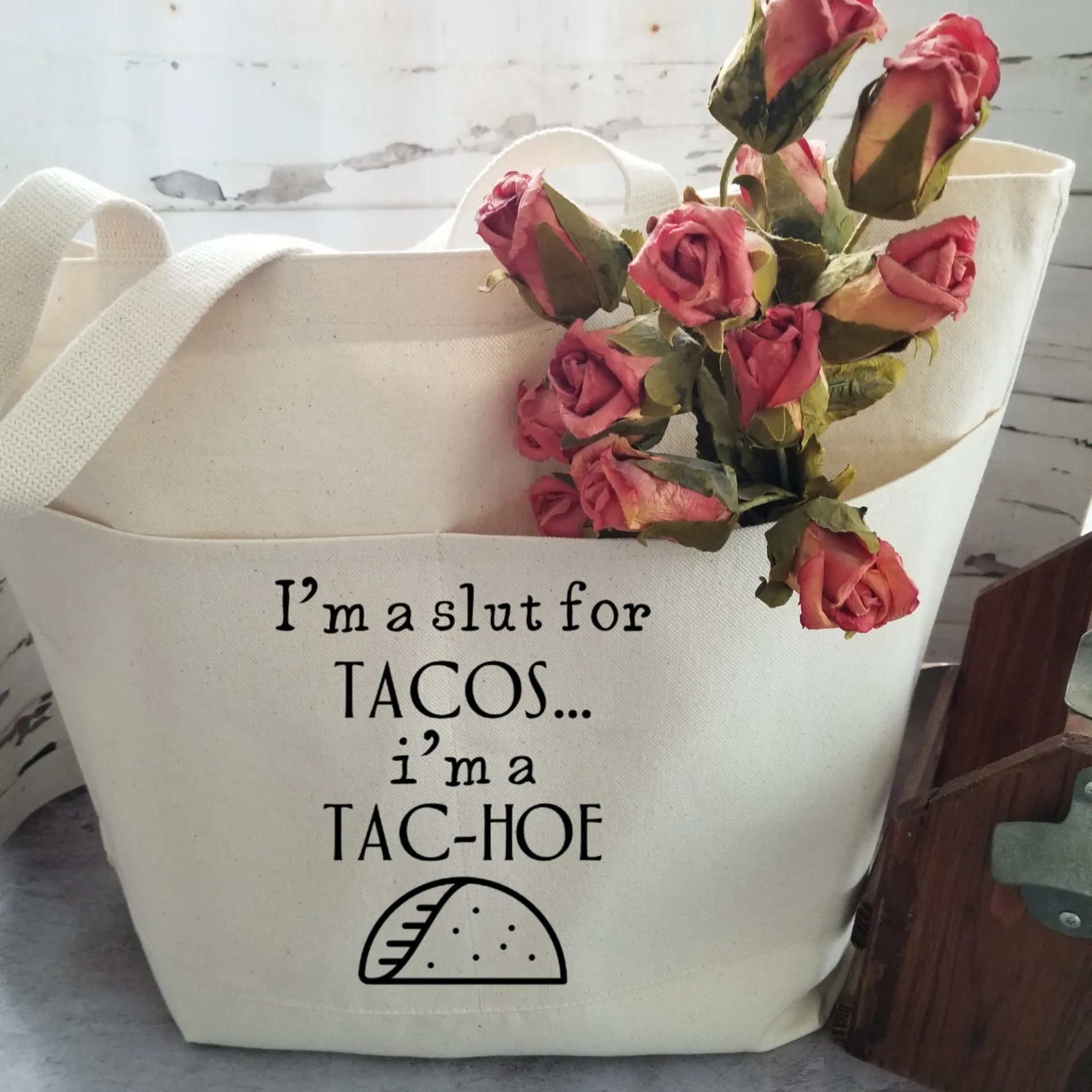 Sarcastic Taco Lovers Heavy Cotton Canvas Tote | Large Funny Tote Bag with Pockets | Reusable Bag for Shopping, Beach, Books, or Overnight