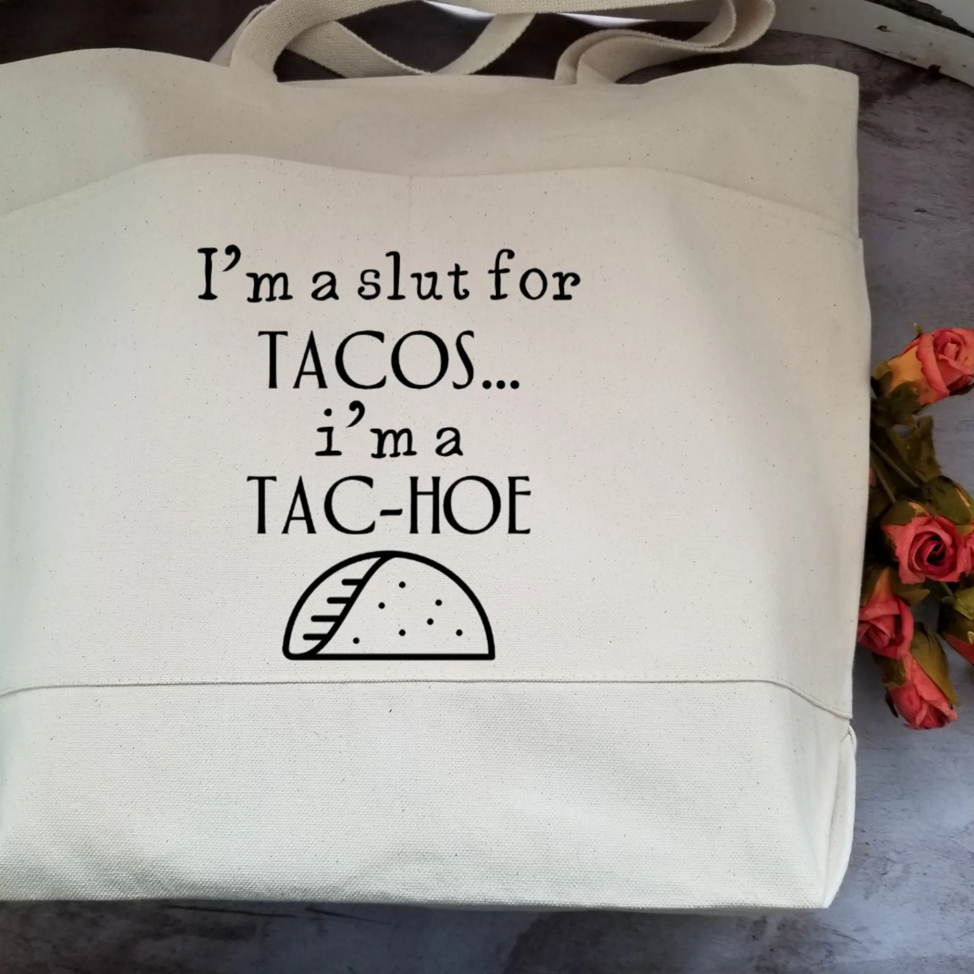 Sarcastic Taco Lovers Heavy Cotton Canvas Tote | Large Funny Tote Bag with Pockets | Reusable Bag for Shopping, Beach, Books, or Overnight