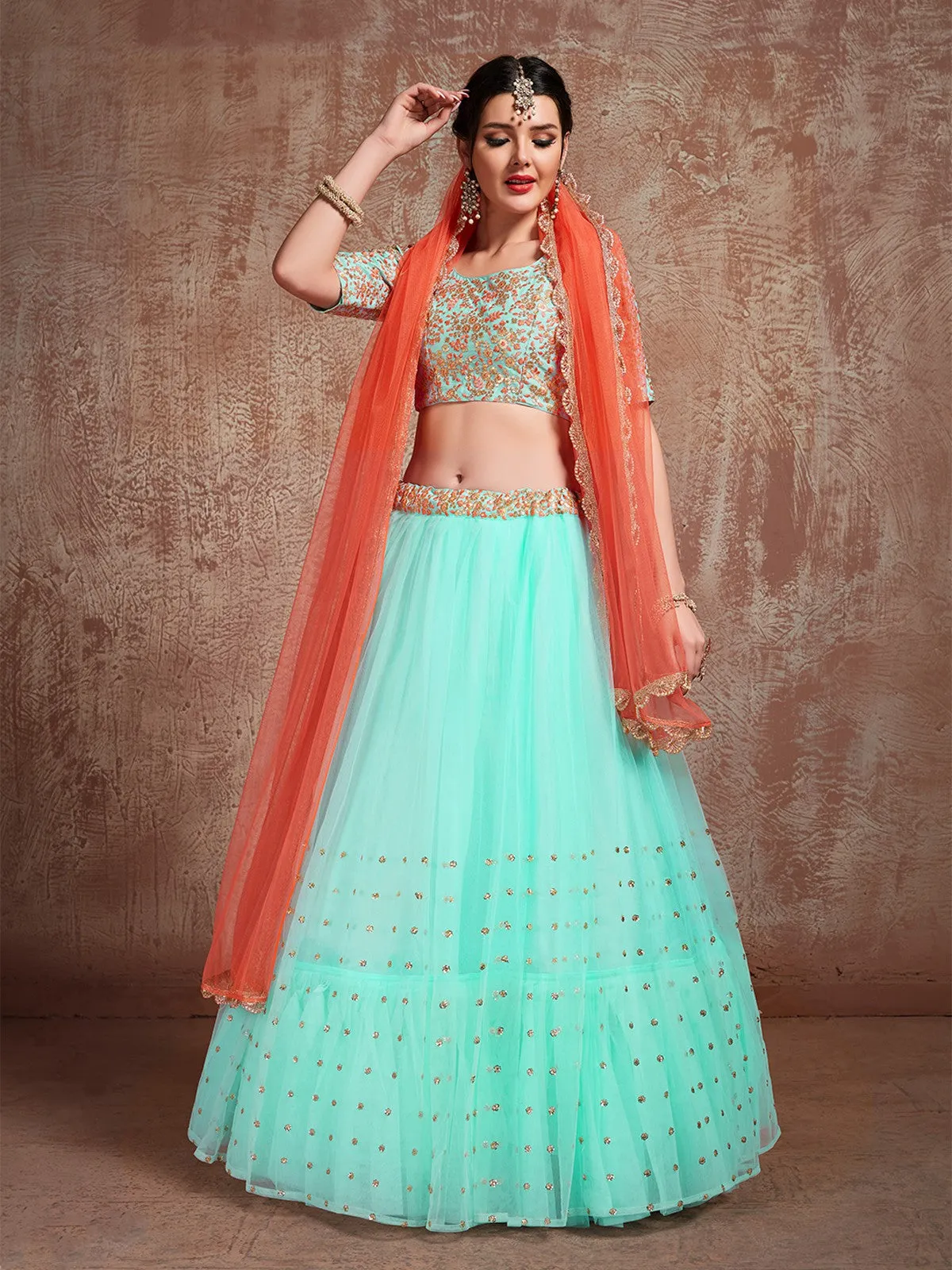 Sea Green Stunning Semi Stitched Lehenga With Unstitched Blouse